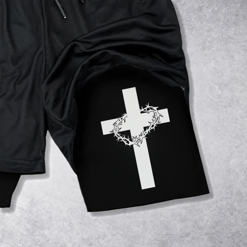 Christianartworkshop Two-Tier Layered Athletic Shorts Dual Different Cross Symbol Devotional Shorts