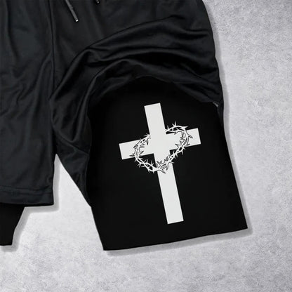 Christianartworkshop Two-Tier Layered Athletic Shorts Dual Different Cross Symbol Devotional Shorts