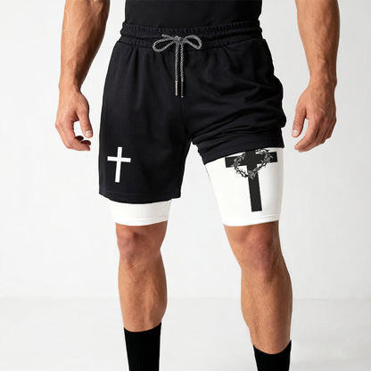 Christianartworkshop Two-Tier Layered Athletic Shorts Dual Different Cross Symbol Devotional Shorts