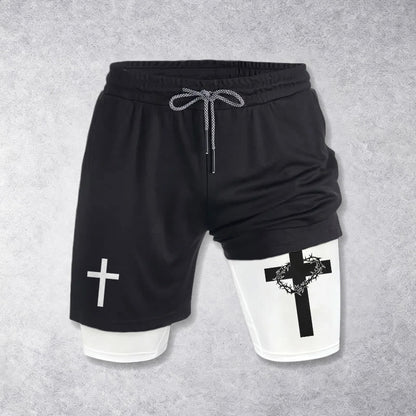 Christianartworkshop Two-Tier Layered Athletic Shorts Dual Different Cross Symbol Devotional Shorts