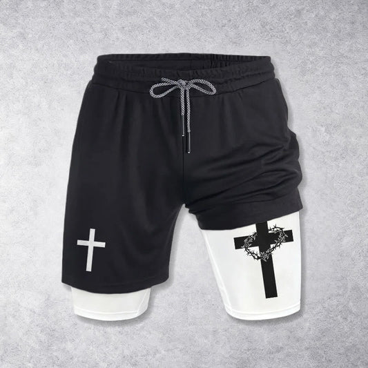 Christianartworkshop Two-Tier Layered Athletic Shorts Dual Different Cross Symbol Devotional Shorts