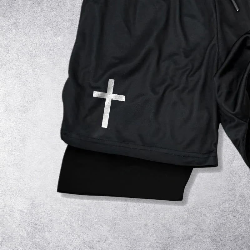 Christianartworkshop Two-Tier Layered Athletic Shorts Dual Different Cross Symbol Devotional Shorts