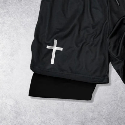 Christianartworkshop Two-Tier Layered Athletic Shorts Dual Different Cross Symbol Devotional Shorts