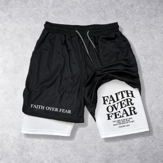 Christianartworkshop Faith Over Fear Matching Dual Print Psalm 118:6 Verse Drawstring Faith Shorts