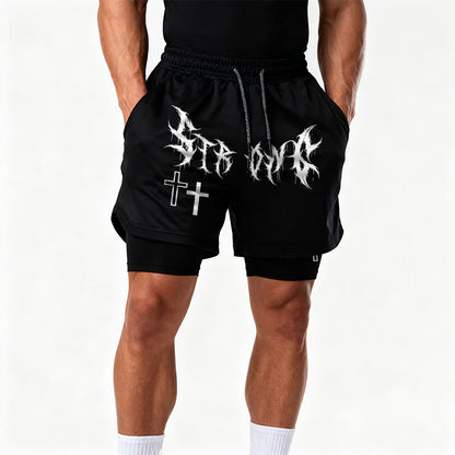 Christianartworkshop Strong Sharp Gothic Font Double Cross Matching Dual Print Drawstring Faith Shorts