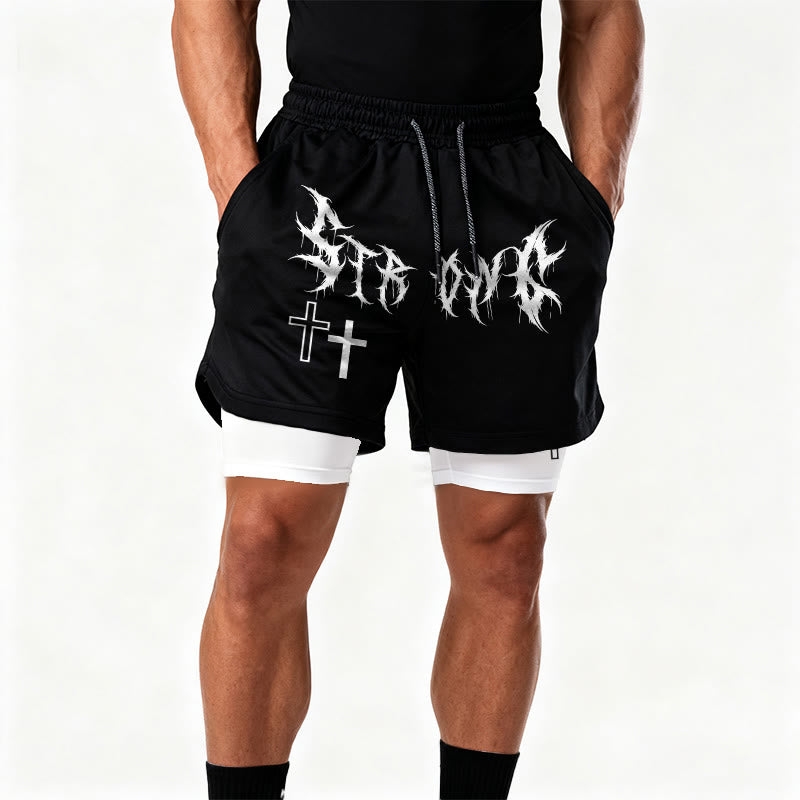 Christianartworkshop Strong Sharp Gothic Font Double Cross Matching Dual Print Drawstring Faith Shorts