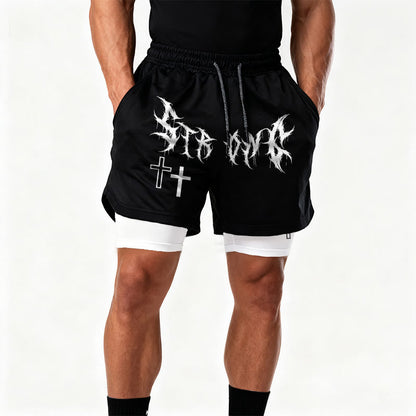 Christianartworkshop Strong Sharp Gothic Font Double Cross Matching Dual Print Drawstring Faith Shorts
