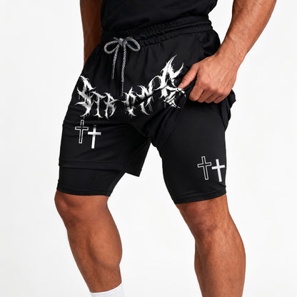Christianartworkshop Strong Sharp Gothic Font Double Cross Matching Dual Print Drawstring Faith Shorts