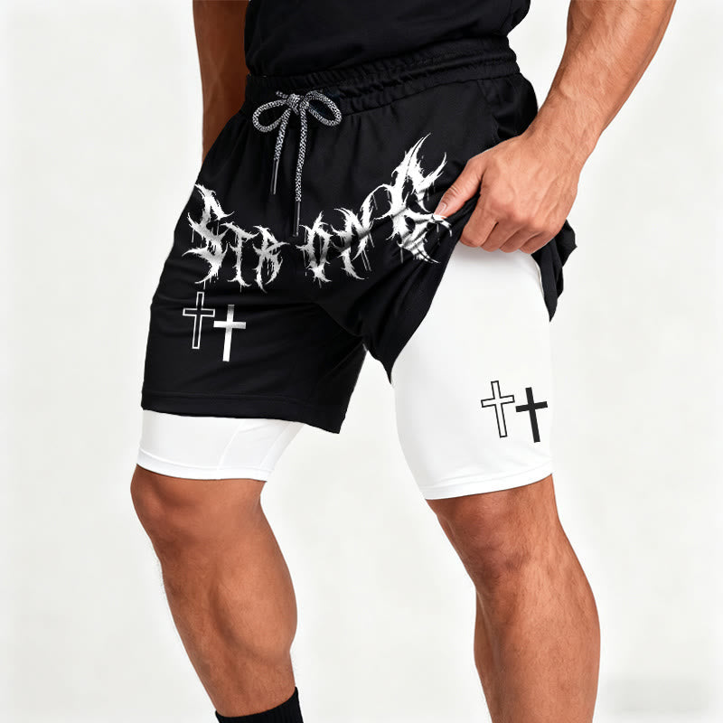 Christianartworkshop Strong Sharp Gothic Font Double Cross Matching Dual Print Drawstring Faith Shorts