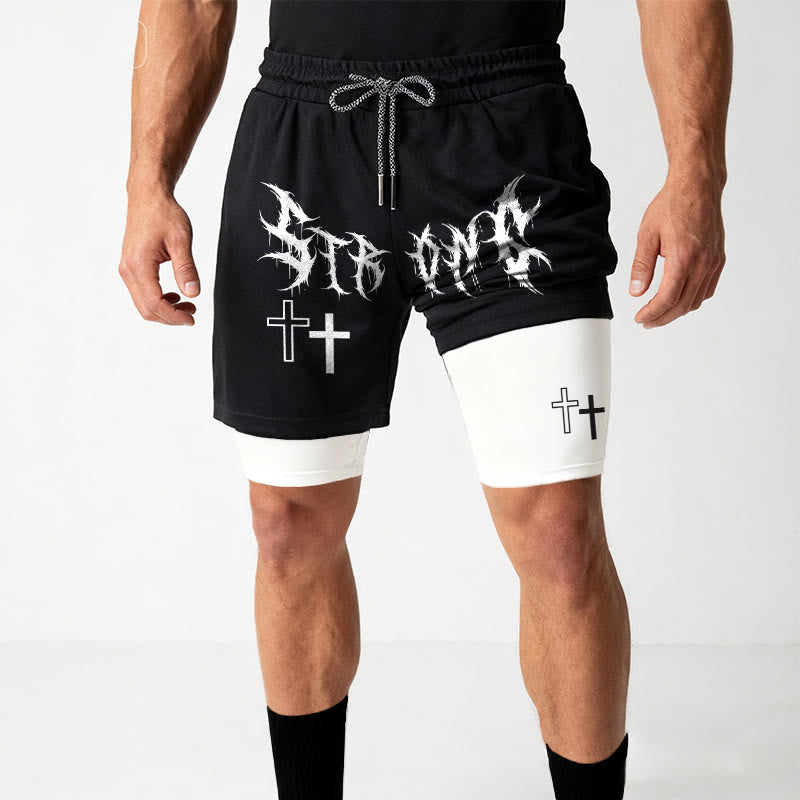 Christianartworkshop Strong Sharp Gothic Font Double Cross Matching Dual Print Drawstring Faith Shorts
