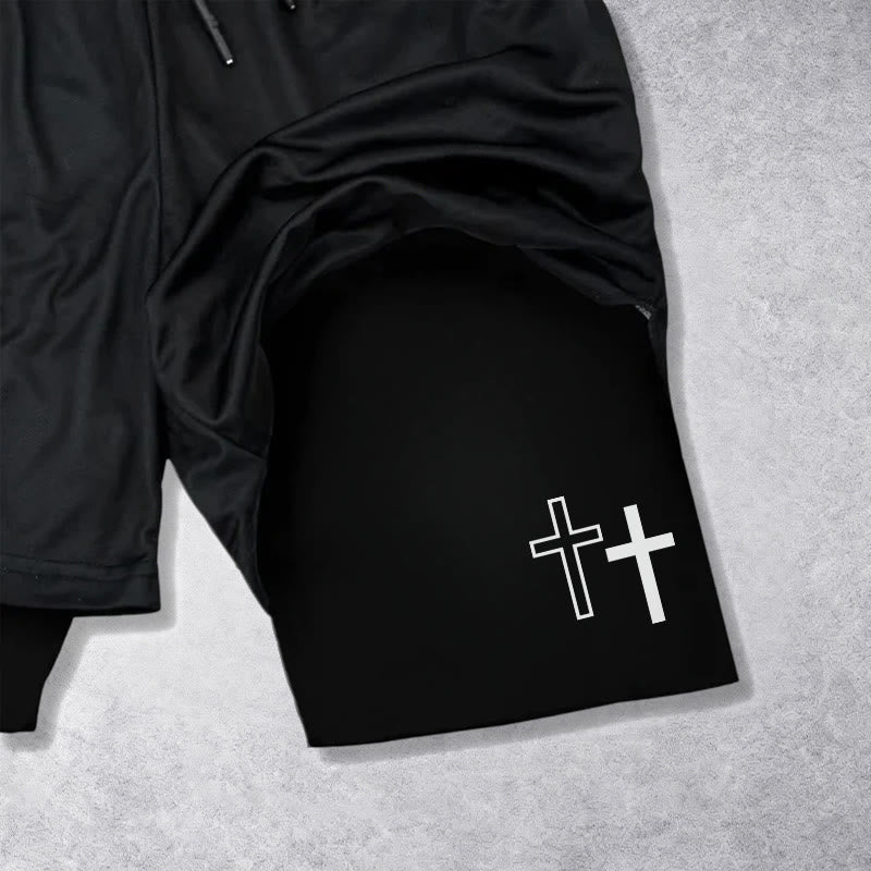 Christianartworkshop Strong Sharp Gothic Font Double Cross Matching Dual Print Drawstring Faith Shorts