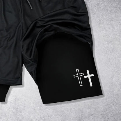 Christianartworkshop Strong Sharp Gothic Font Double Cross Matching Dual Print Drawstring Faith Shorts