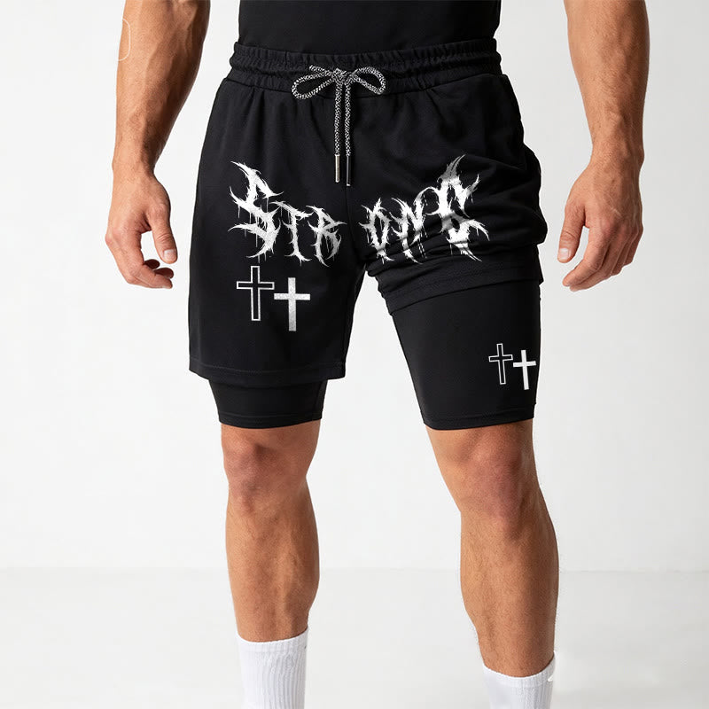 Christianartworkshop Strong Sharp Gothic Font Double Cross Matching Dual Print Drawstring Faith Shorts
