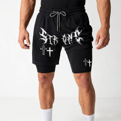 Christianartworkshop Strong Sharp Gothic Font Double Cross Matching Dual Print Drawstring Faith Shorts