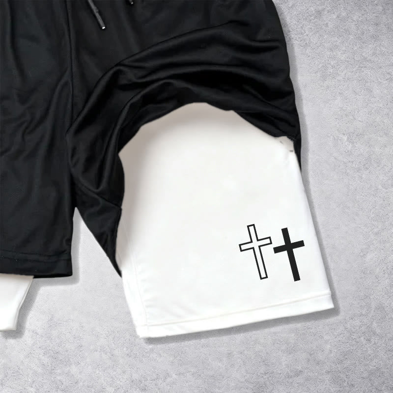Christianartworkshop Strong Sharp Gothic Font Double Cross Matching Dual Print Drawstring Faith Shorts