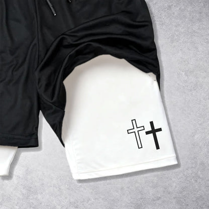 Christianartworkshop Strong Sharp Gothic Font Double Cross Matching Dual Print Drawstring Faith Shorts