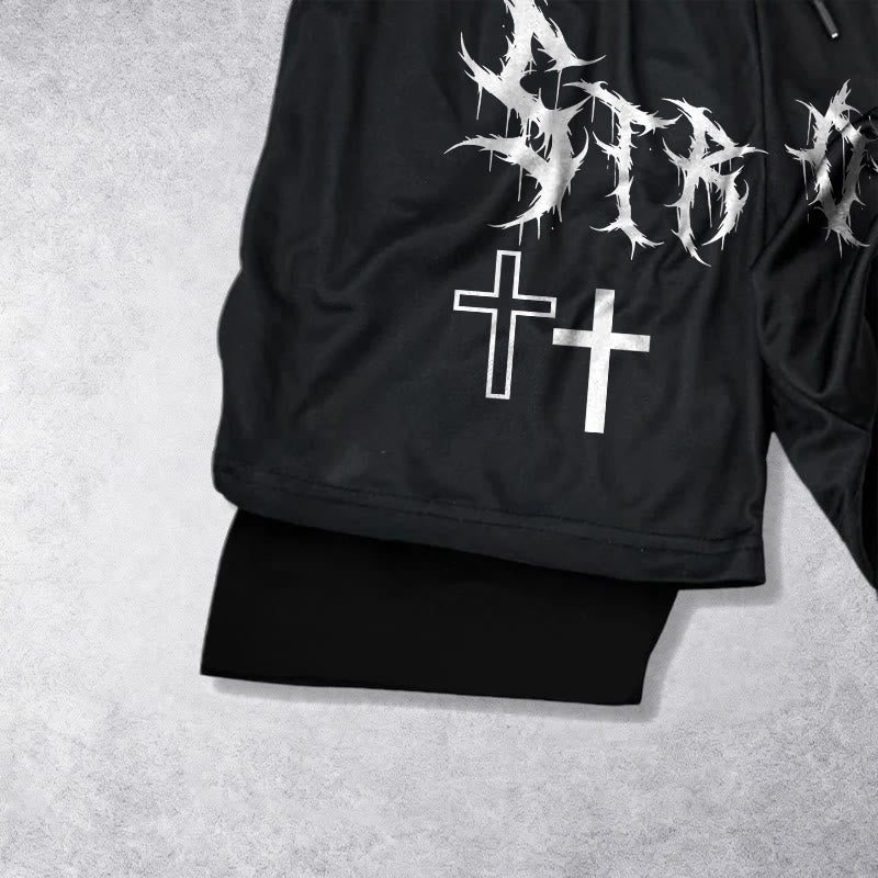 Christianartworkshop Strong Sharp Gothic Font Double Cross Matching Dual Print Drawstring Faith Shorts