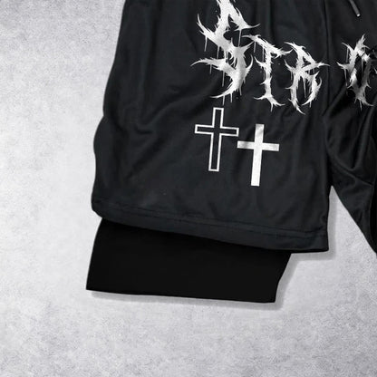 Christianartworkshop Strong Sharp Gothic Font Double Cross Matching Dual Print Drawstring Faith Shorts