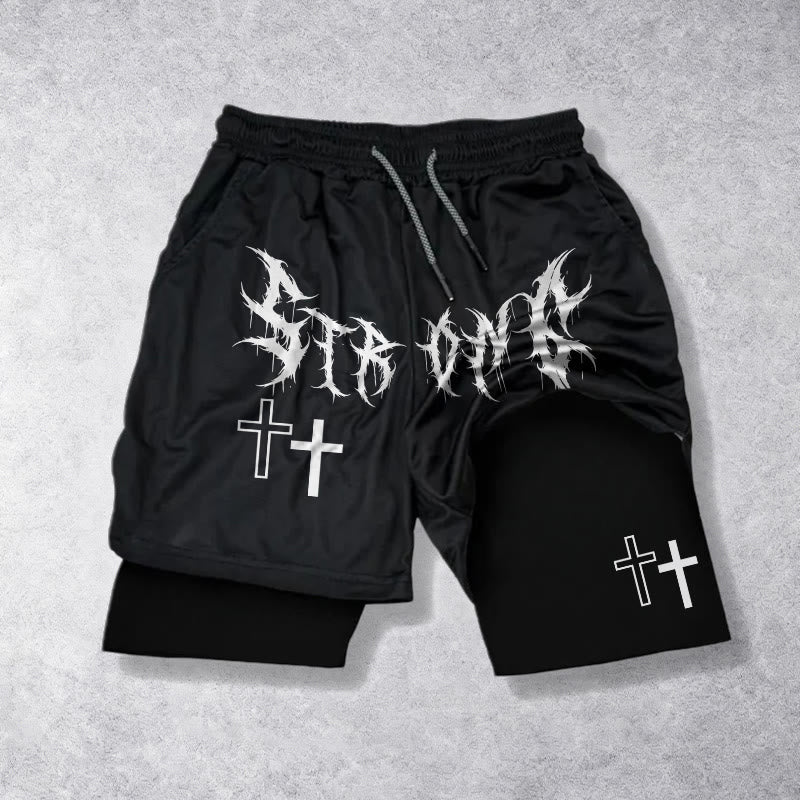 Christianartworkshop Strong Sharp Gothic Font Double Cross Matching Dual Print Drawstring Faith Shorts