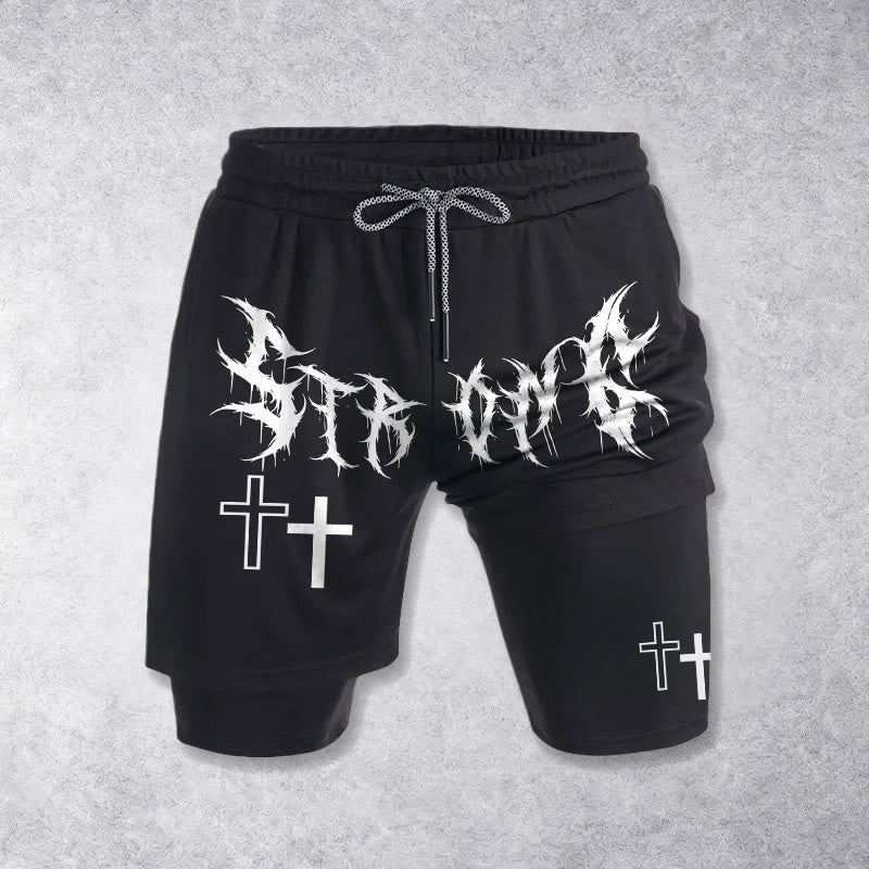 Christianartworkshop Strong Sharp Gothic Font Double Cross Matching Dual Print Drawstring Faith Shorts