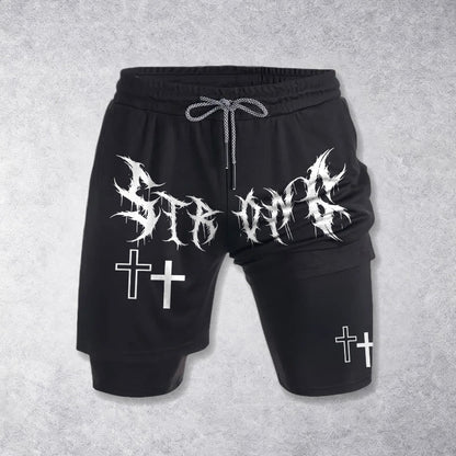Christianartworkshop Strong Sharp Gothic Font Double Cross Matching Dual Print Drawstring Faith Shorts