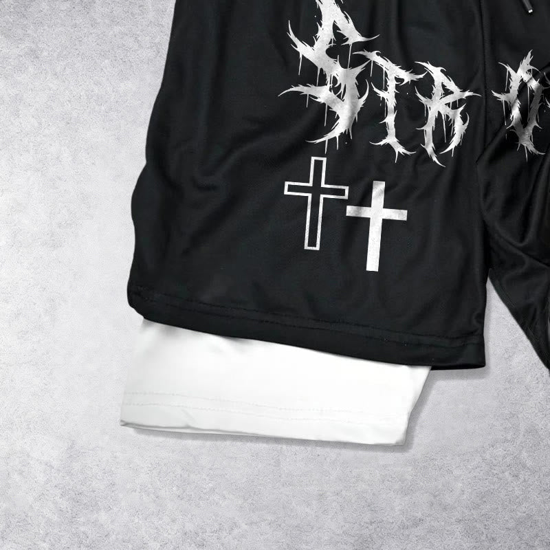 Christianartworkshop Strong Sharp Gothic Font Double Cross Matching Dual Print Drawstring Faith Shorts