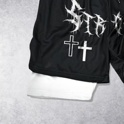 Christianartworkshop Strong Sharp Gothic Font Double Cross Matching Dual Print Drawstring Faith Shorts
