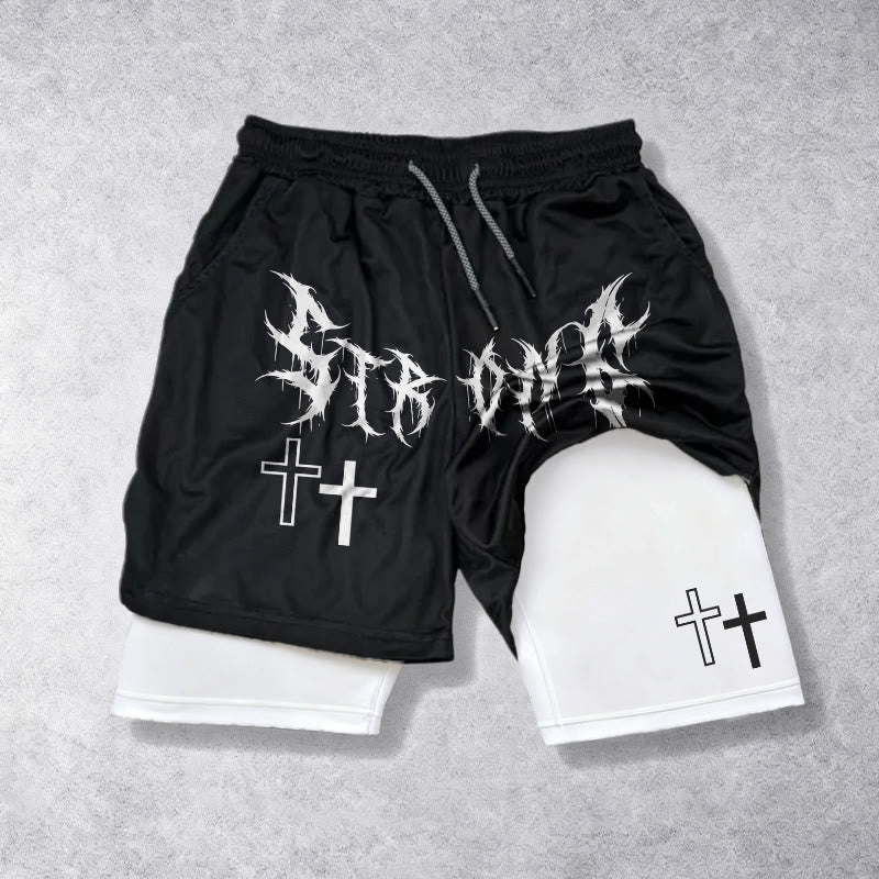 Christianartworkshop Strong Sharp Gothic Font Double Cross Matching Dual Print Drawstring Faith Shorts