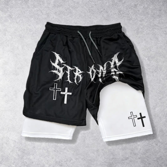 Christianartworkshop Strong Sharp Gothic Font Double Cross Matching Dual Print Drawstring Faith Shorts