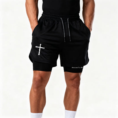 Christianartworkshop Simple Nail Cross Philippians 3:14 Cursive Verse Drawstring Faith Shorts