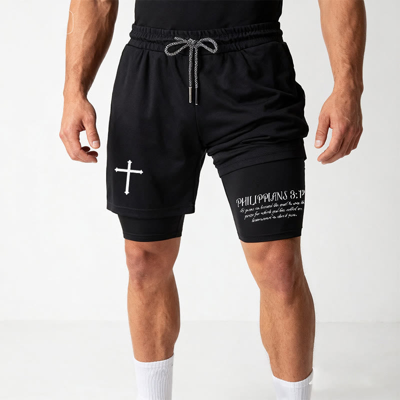 Christianartworkshop Simple Nail Cross Philippians 3:14 Cursive Verse Drawstring Faith Shorts