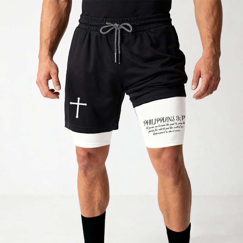 Christianartworkshop Simple Nail Cross Philippians 3:14 Cursive Verse Drawstring Faith Shorts