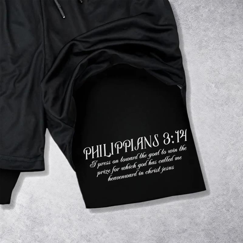 Christianartworkshop Simple Nail Cross Philippians 3:14 Cursive Verse Drawstring Faith Shorts