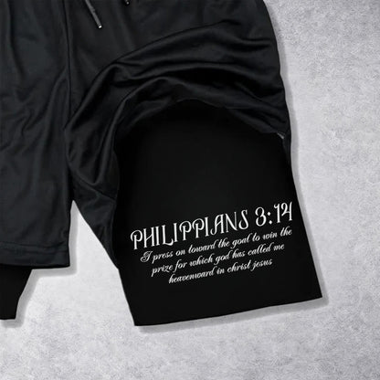 Christianartworkshop Simple Nail Cross Philippians 3:14 Cursive Verse Drawstring Faith Shorts