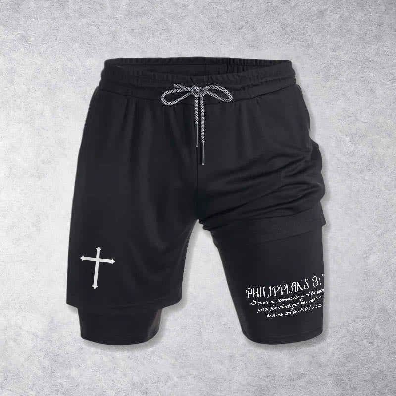 Christianartworkshop Simple Nail Cross Philippians 3:14 Cursive Verse Drawstring Faith Shorts