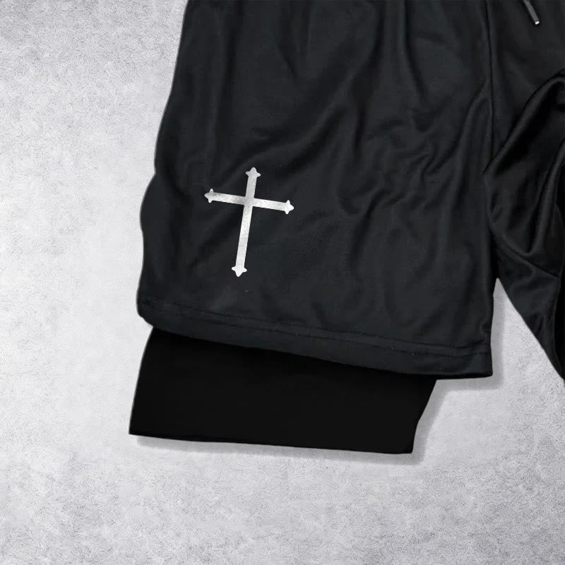 Christianartworkshop Simple Nail Cross Philippians 3:14 Cursive Verse Drawstring Faith Shorts