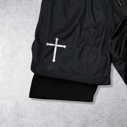 Christianartworkshop Simple Nail Cross Philippians 3:14 Cursive Verse Drawstring Faith Shorts