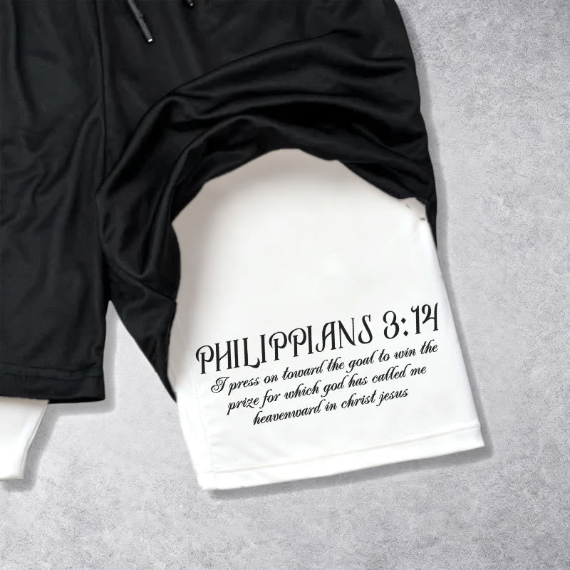 Christianartworkshop Simple Nail Cross Philippians 3:14 Cursive Verse Drawstring Faith Shorts