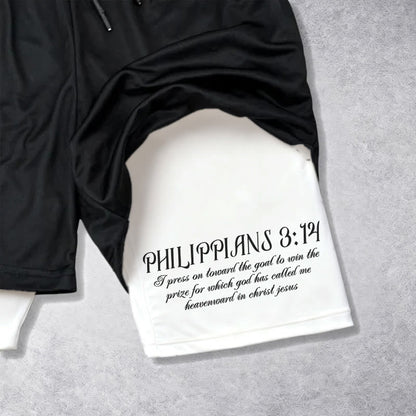 Christianartworkshop Simple Nail Cross Philippians 3:14 Cursive Verse Drawstring Faith Shorts