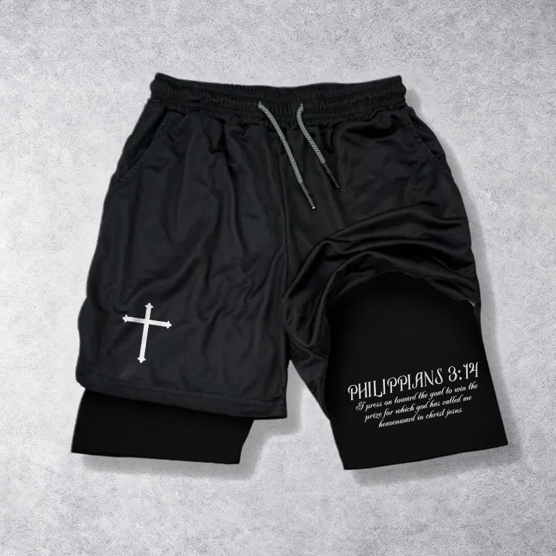 Christianartworkshop Simple Nail Cross Philippians 3:14 Cursive Verse Drawstring Faith Shorts