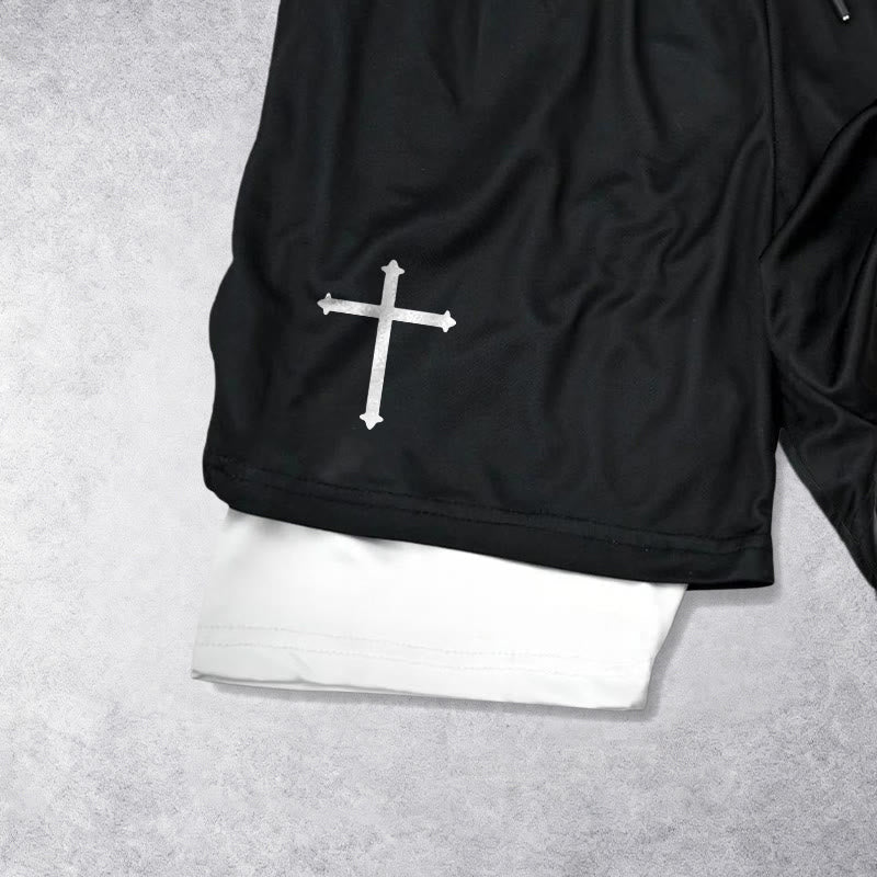 Christianartworkshop Simple Nail Cross Philippians 3:14 Cursive Verse Drawstring Faith Shorts