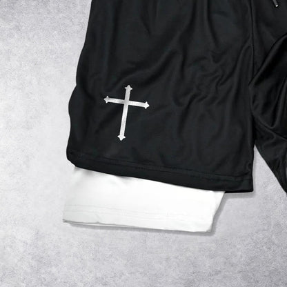 Christianartworkshop Simple Nail Cross Philippians 3:14 Cursive Verse Drawstring Faith Shorts