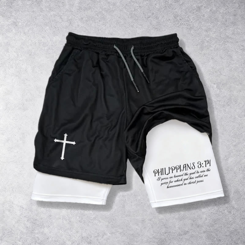 Christianartworkshop Simple Nail Cross Philippians 3:14 Cursive Verse Drawstring Faith Shorts