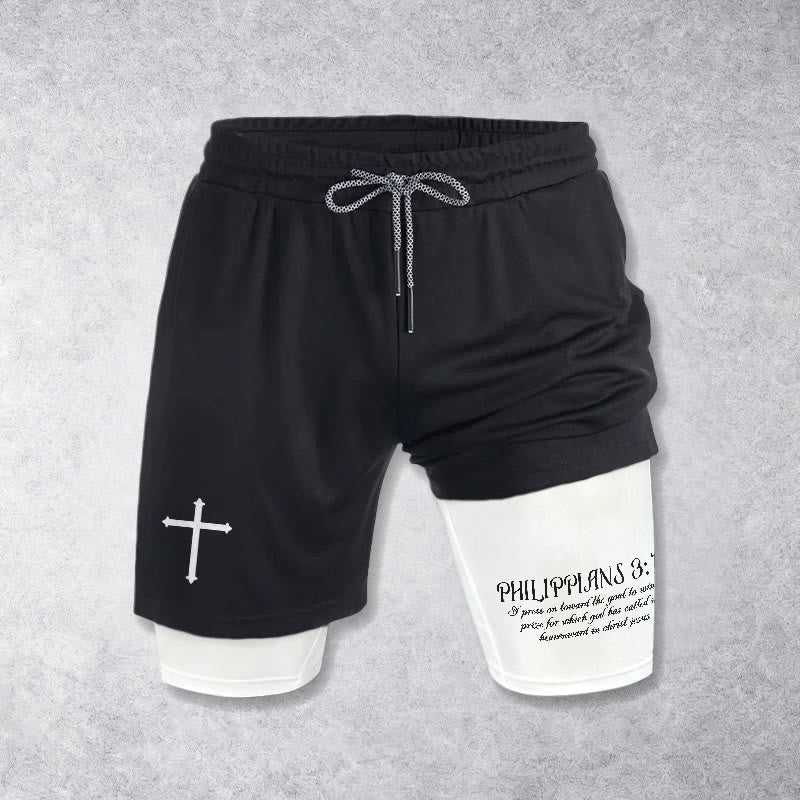 Christianartworkshop Simple Nail Cross Philippians 3:14 Cursive Verse Drawstring Faith Shorts