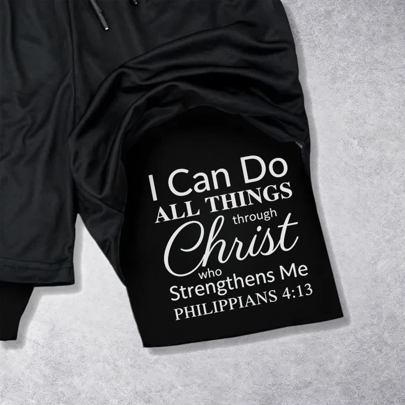 Christianartworkshop Timeless I Can Do All Things Through Christ Full Verse Dual Layer Drawstring Faith Sports Shorts