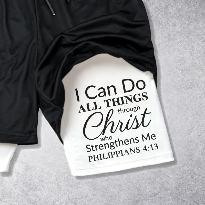 Christianartworkshop Timeless I Can Do All Things Through Christ Full Verse Dual Layer Drawstring Faith Sports Shorts
