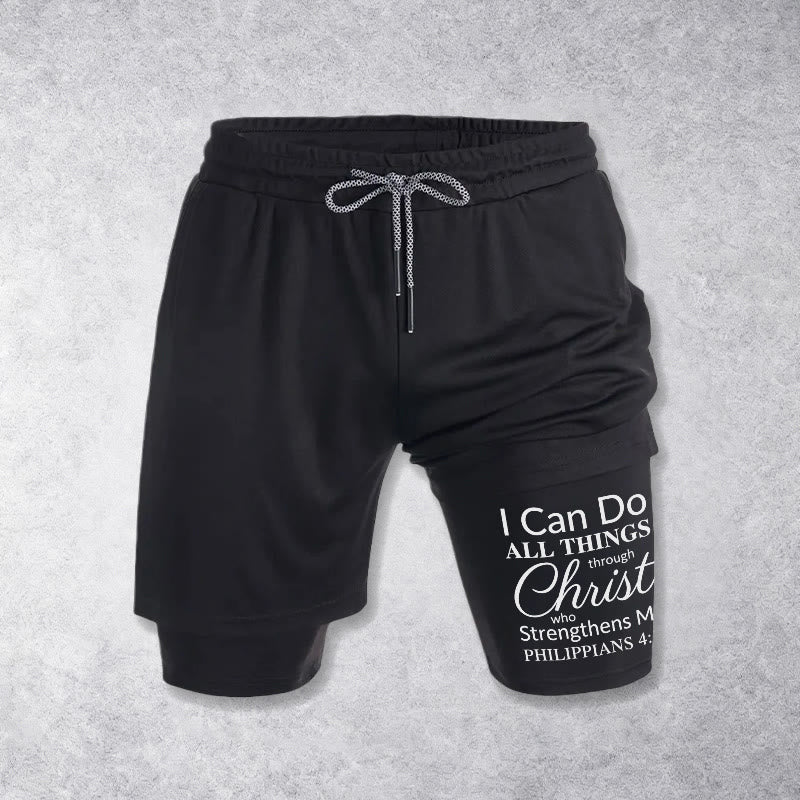 Christianartworkshop Timeless I Can Do All Things Through Christ Full Verse Dual Layer Drawstring Faith Sports Shorts