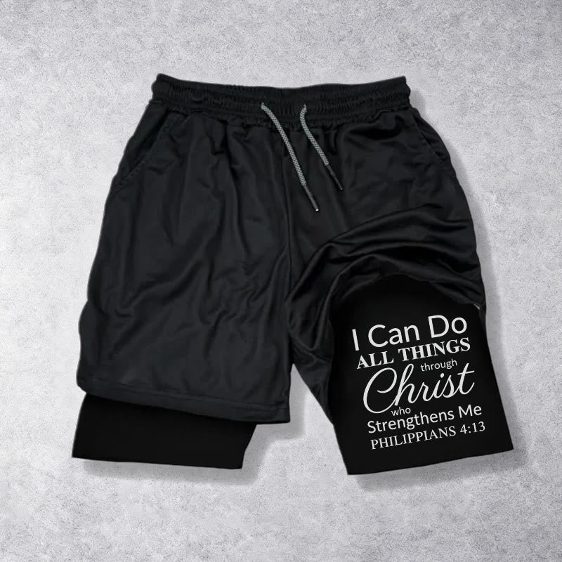 Christianartworkshop Timeless I Can Do All Things Through Christ Full Verse Dual Layer Drawstring Faith Sports Shorts