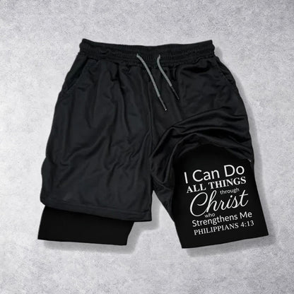Christianartworkshop Timeless I Can Do All Things Through Christ Full Verse Dual Layer Drawstring Faith Sports Shorts