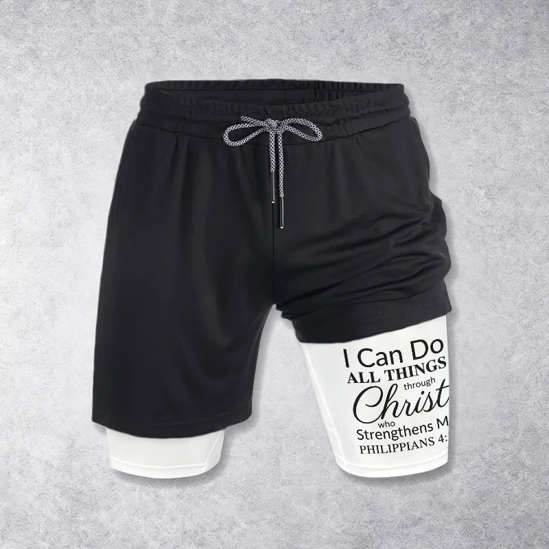 Christianartworkshop Timeless I Can Do All Things Through Christ Full Verse Dual Layer Drawstring Faith Sports Shorts